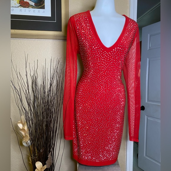 Midi Red Party Dress with rhinestones - Picture 4 of 4